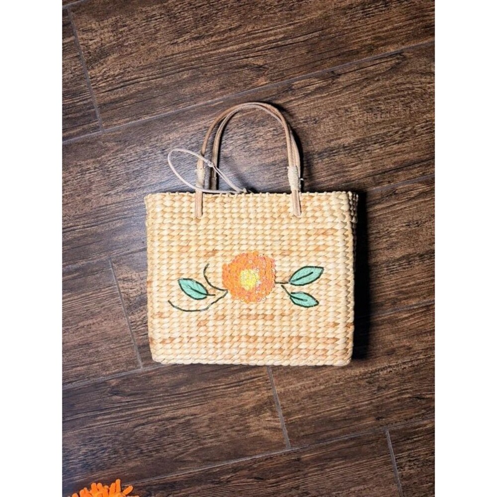 Xhilaration Corn Husk Woven Small Tote with Sequin Flower